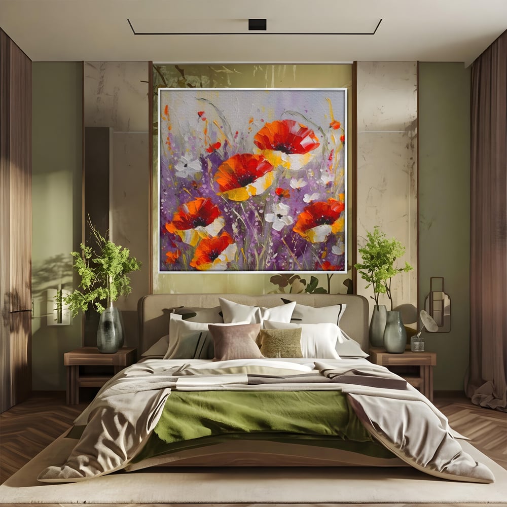 Tablou canvas cu pictura in ulei cu maci rosii, in rama de aluminiu argintiu, pe perete intr-un dormitor